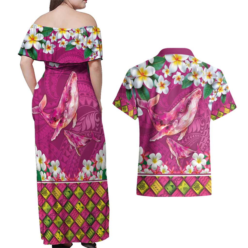 Hawaiian Plumeria and Humpback Whales Couples Matching Off Shoulder Maxi Dress and Hawaiian Shirt Polynerian Art Tattoo-Plum Pink Color