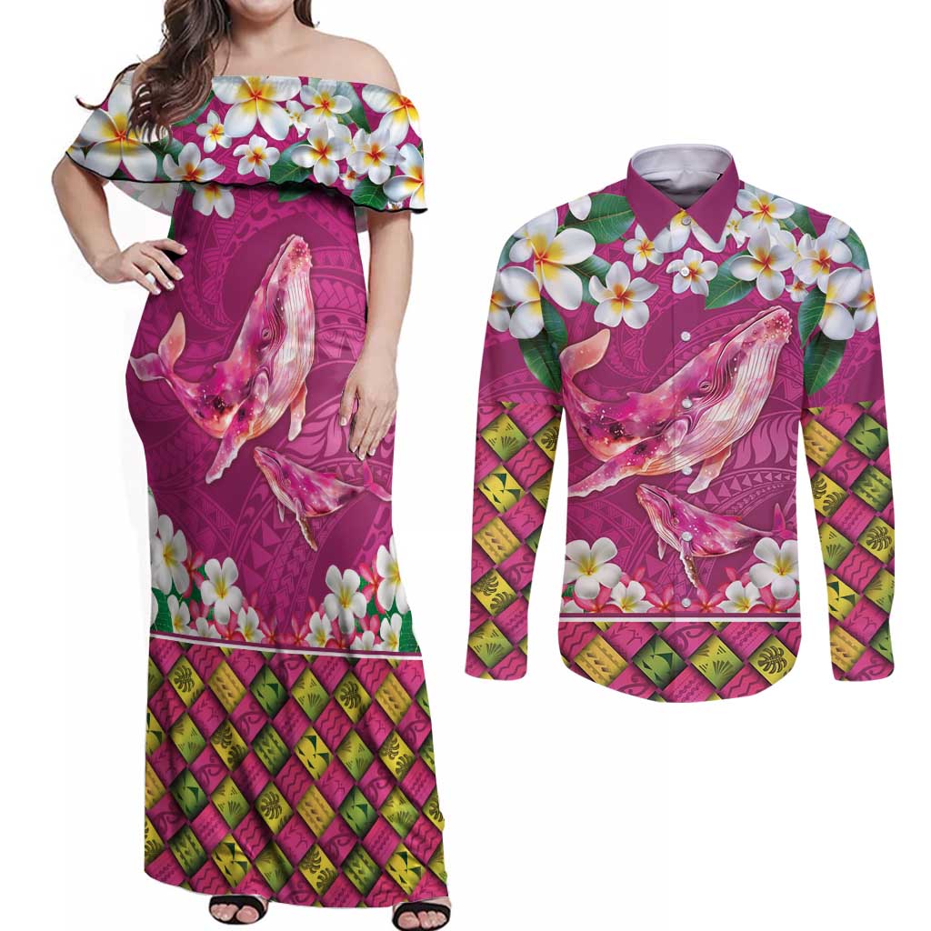 Hawaiian Plumeria and Humpback Whales Couples Matching Off Shoulder Maxi Dress and Long Sleeve Button Shirt Polynerian Art Tattoo-Plum Pink Color LT03 Pink - Polynesian Pride