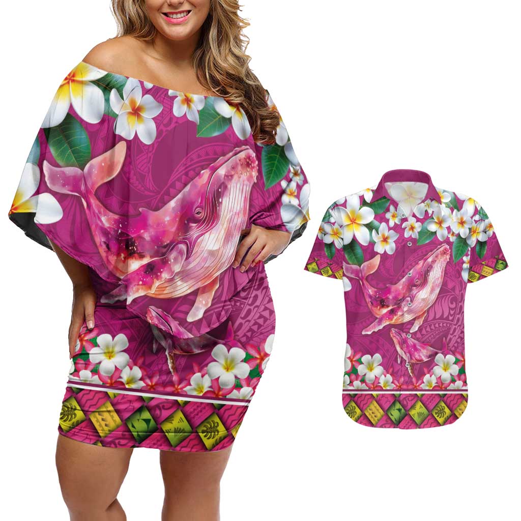Hawaiian Plumeria and Humpback Whales Couples Matching Off Shoulder Short Dress and Hawaiian Shirt Polynerian Art Tattoo-Plum Pink Color LT03 Pink - Polynesian Pride