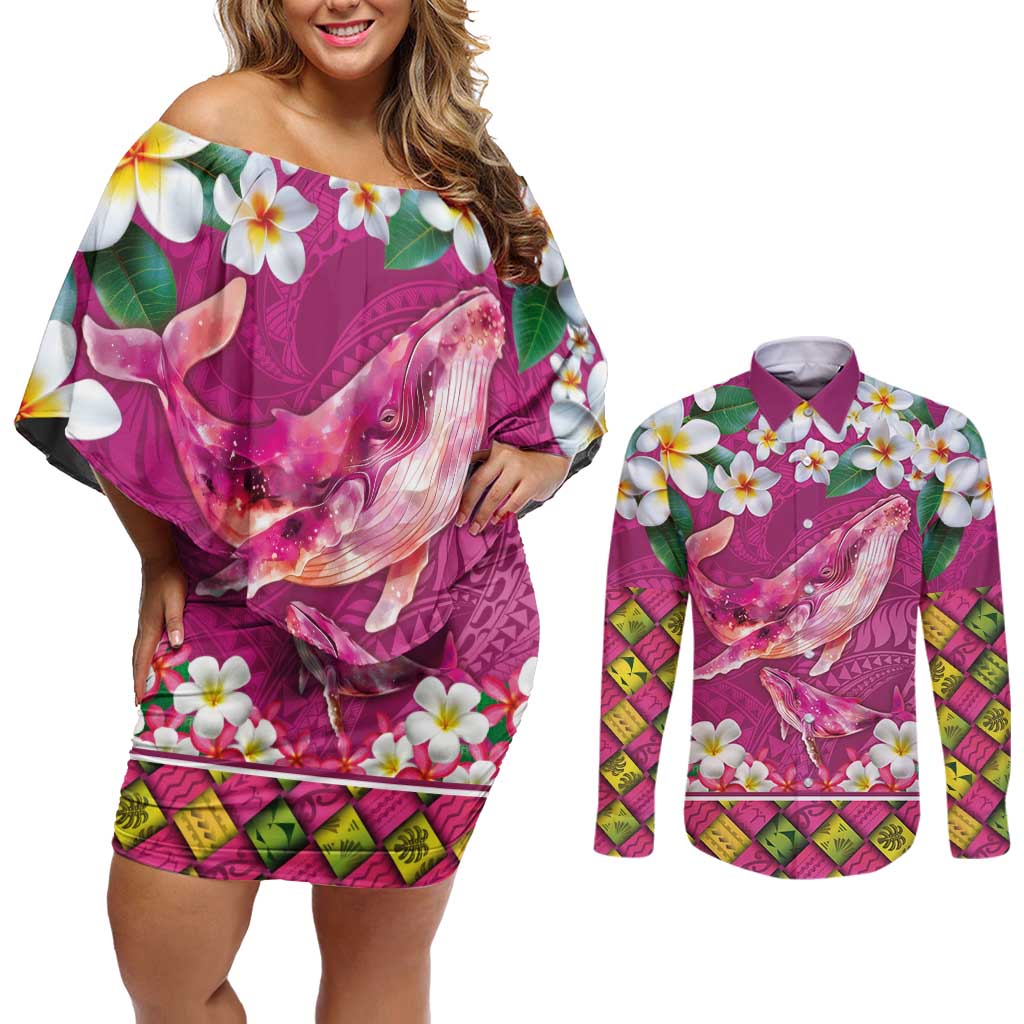 Hawaiian Plumeria and Humpback Whales Couples Matching Off Shoulder Short Dress and Long Sleeve Button Shirt Polynerian Art Tattoo-Plum Pink Color LT03 Pink - Polynesian Pride