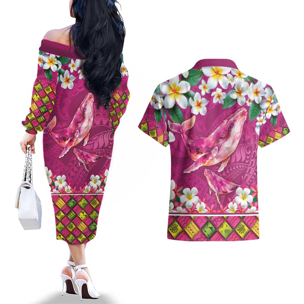 Hawaiian Plumeria and Humpback Whales Couples Matching Off The Shoulder Long Sleeve Dress and Hawaiian Shirt Polynerian Art Tattoo-Plum Pink Color