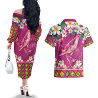 Hawaiian Plumeria and Humpback Whales Couples Matching Off The Shoulder Long Sleeve Dress and Hawaiian Shirt Polynerian Art Tattoo-Plum Pink Color