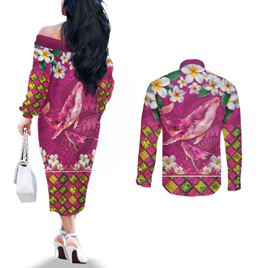 Hawaiian Plumeria and Humpback Whales Couples Matching Off The Shoulder Long Sleeve Dress and Long Sleeve Button Shirt Polynerian Art Tattoo-Plum Pink Color