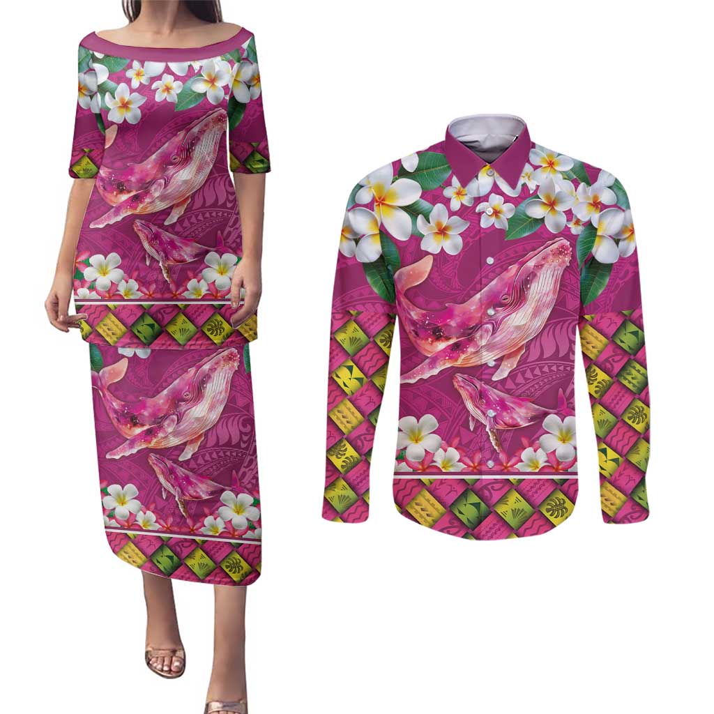 Hawaiian Plumeria and Humpback Whales Couples Matching Puletasi and Long Sleeve Button Shirt Polynerian Art Tattoo-Plum Pink Color LT03 Pink - Polynesian Pride