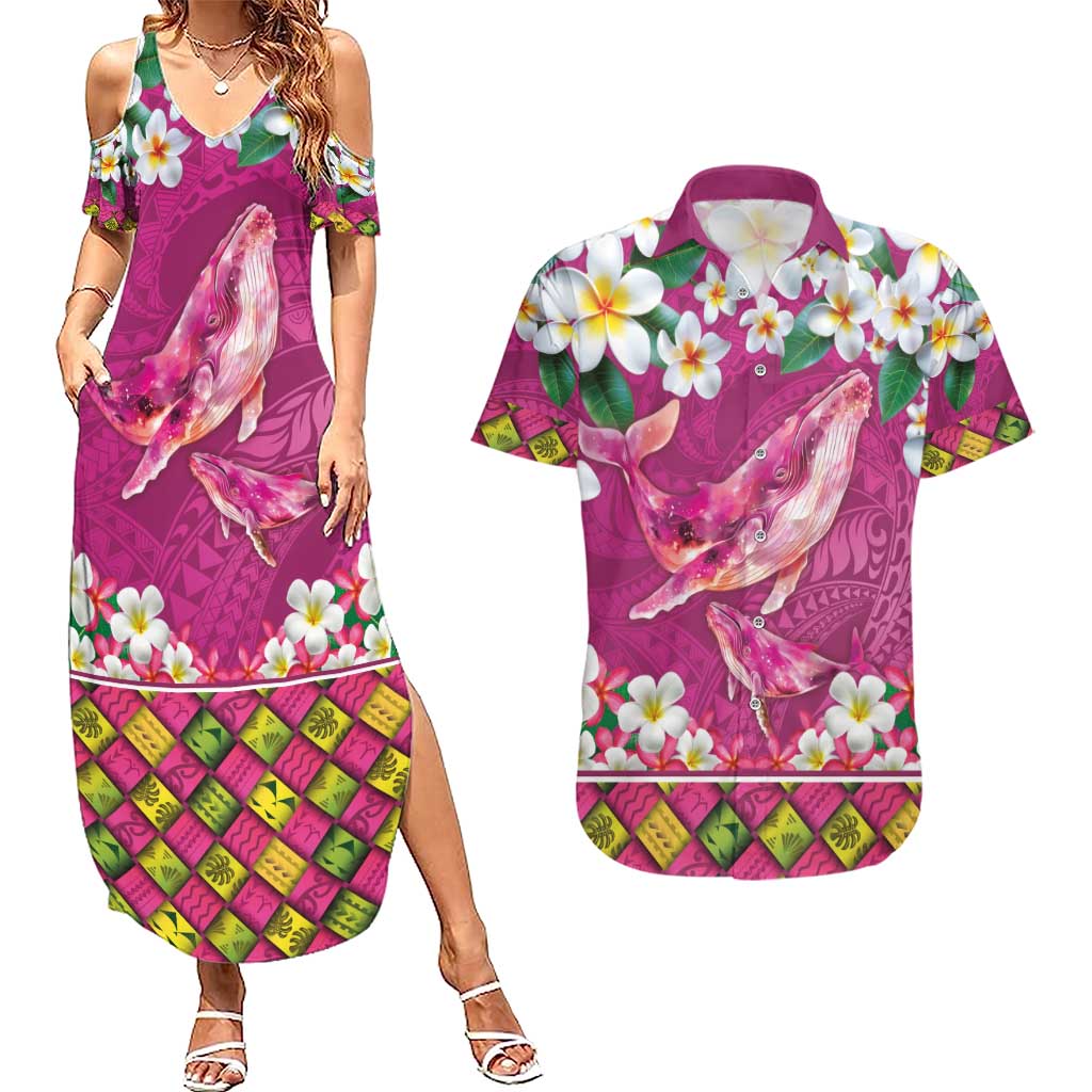 Hawaiian Plumeria and Humpback Whales Couples Matching Summer Maxi Dress and Hawaiian Shirt Polynerian Art Tattoo-Plum Pink Color LT03 Pink - Polynesian Pride