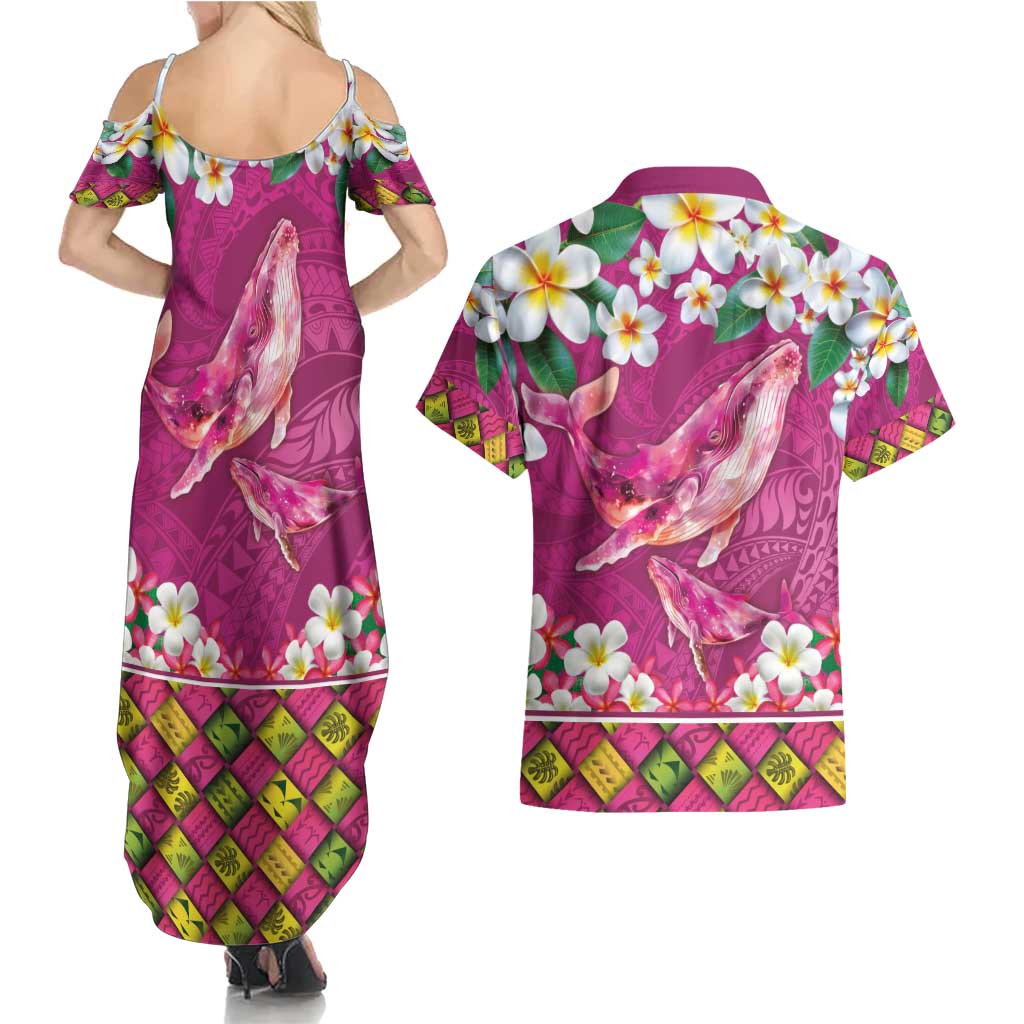 Hawaiian Plumeria and Humpback Whales Couples Matching Summer Maxi Dress and Hawaiian Shirt Polynerian Art Tattoo-Plum Pink Color
