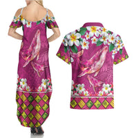 Hawaiian Plumeria and Humpback Whales Couples Matching Summer Maxi Dress and Hawaiian Shirt Polynerian Art Tattoo-Plum Pink Color