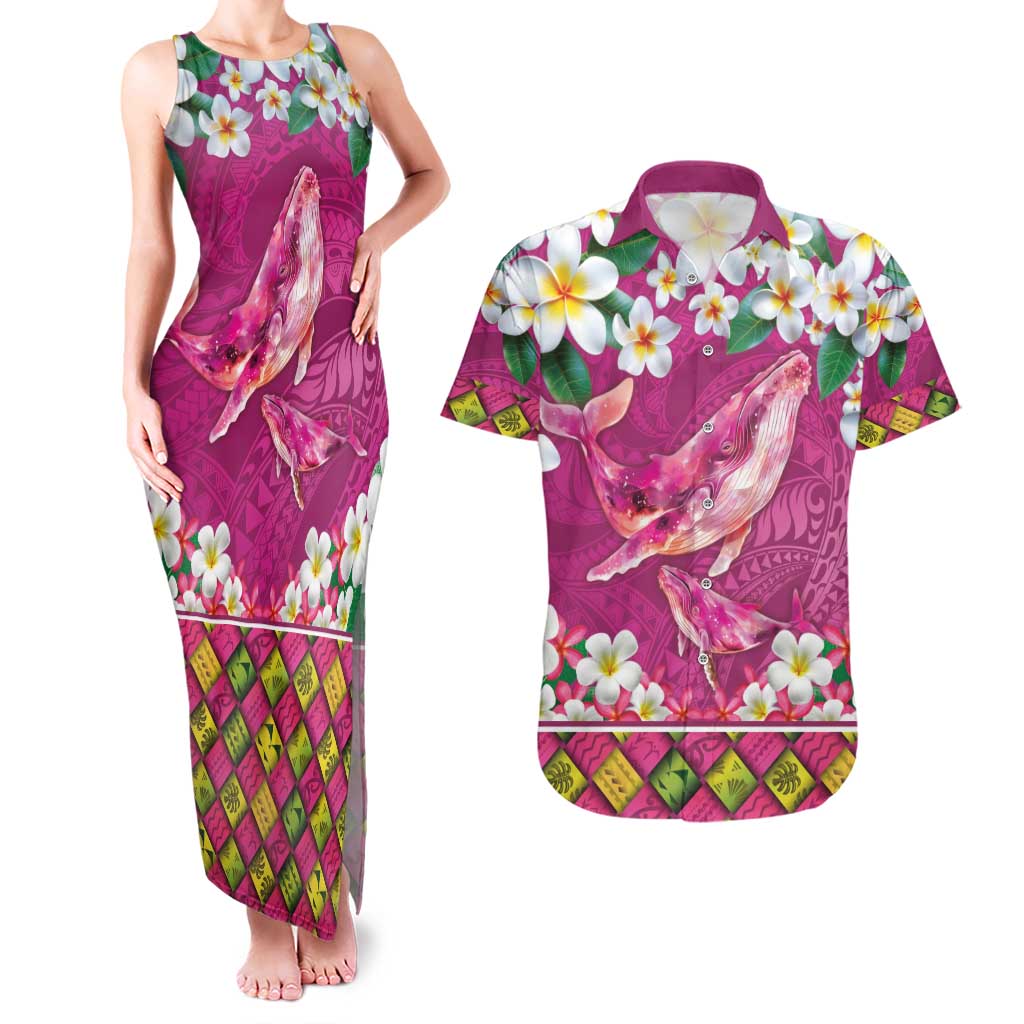 Hawaiian Plumeria and Humpback Whales Couples Matching Tank Maxi Dress and Hawaiian Shirt Polynerian Art Tattoo-Plum Pink Color LT03 Pink - Polynesian Pride