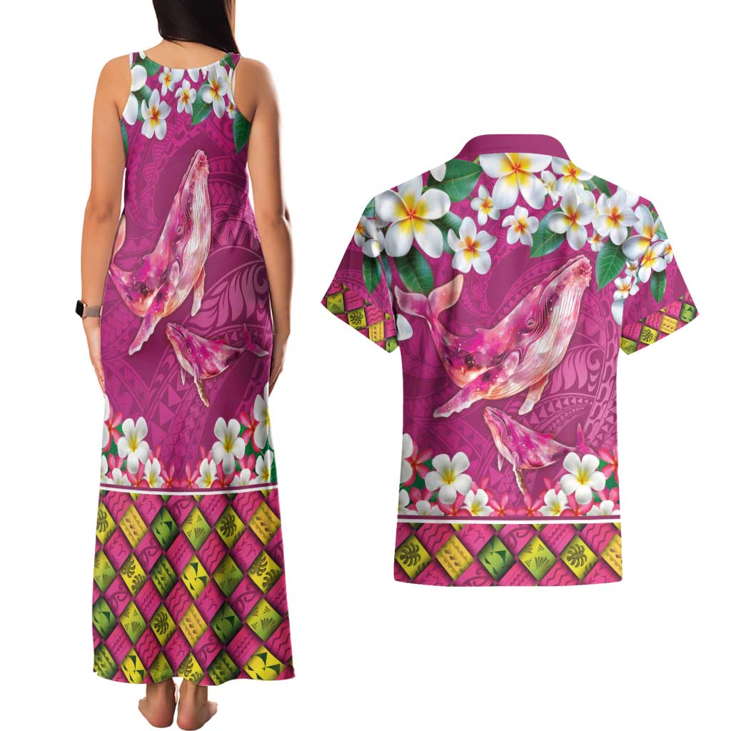 Hawaiian Plumeria and Humpback Whales Couples Matching Tank Maxi Dress and Hawaiian Shirt Polynerian Art Tattoo-Plum Pink Color
