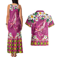 Hawaiian Plumeria and Humpback Whales Couples Matching Tank Maxi Dress and Hawaiian Shirt Polynerian Art Tattoo-Plum Pink Color