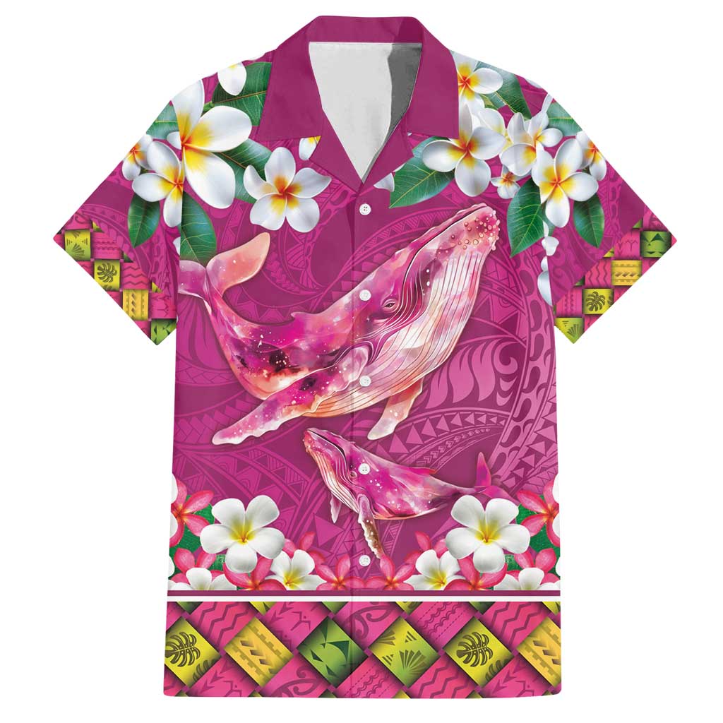 Hawaiian Plumeria and Humpback Whales Family Matching Long Sleeve Bodycon Dress and Hawaiian Shirt Polynerian Art Tattoo-Plum Pink Color