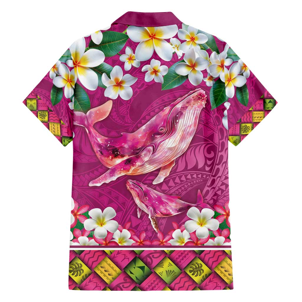 Hawaiian Plumeria and Humpback Whales Family Matching Long Sleeve Bodycon Dress and Hawaiian Shirt Polynerian Art Tattoo-Plum Pink Color