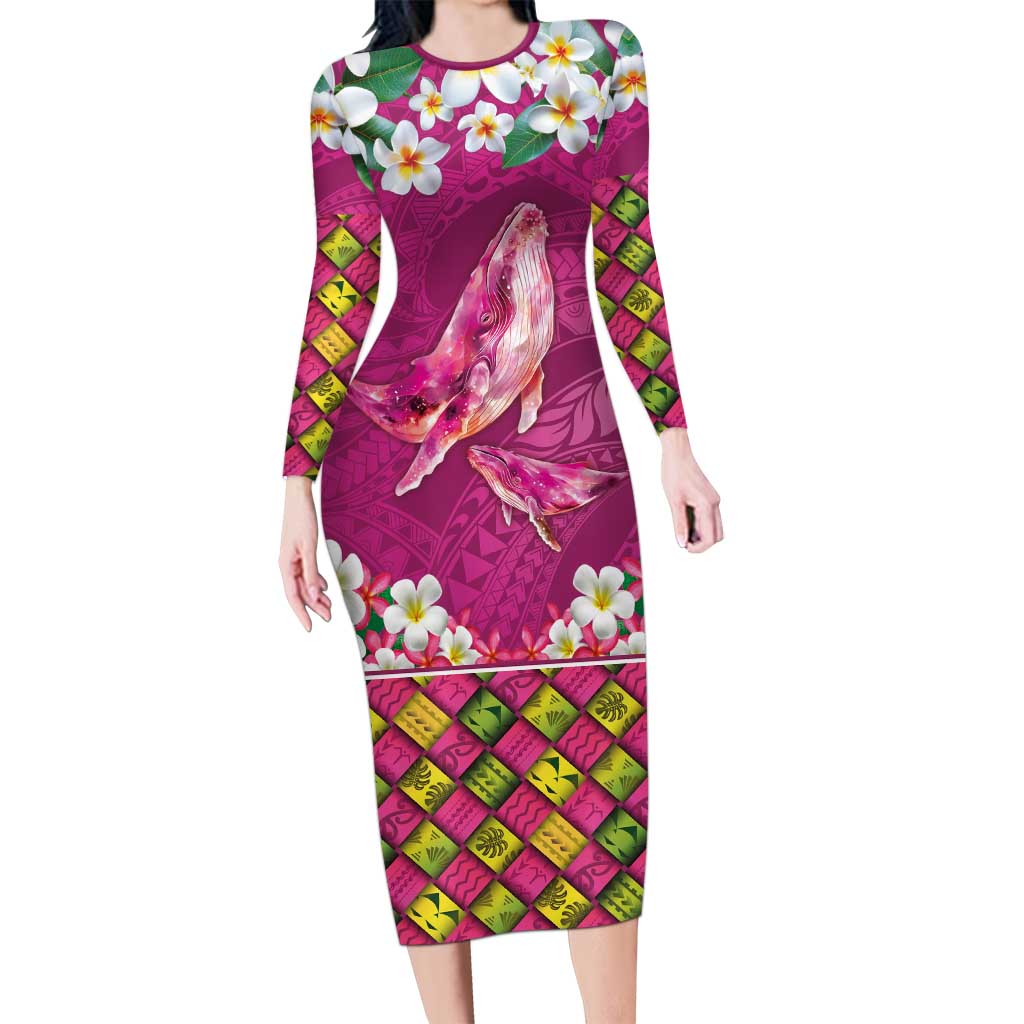 Hawaiian Plumeria and Humpback Whales Family Matching Long Sleeve Bodycon Dress and Hawaiian Shirt Polynerian Art Tattoo-Plum Pink Color