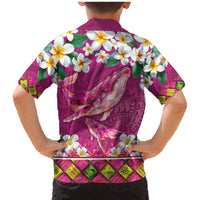Hawaiian Plumeria and Humpback Whales Family Matching Mermaid Dress and Hawaiian Shirt Polynerian Art Tattoo-Plum Pink Color