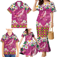 Hawaiian Plumeria and Humpback Whales Family Matching Mermaid Dress and Hawaiian Shirt Polynerian Art Tattoo-Plum Pink Color
