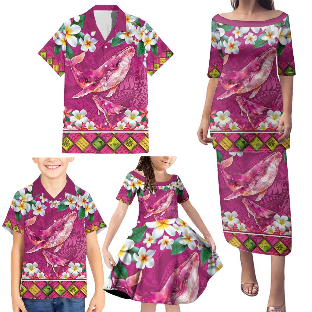 Hawaiian Plumeria and Humpback Whales Family Matching Puletasi and Hawaiian Shirt Polynerian Art Tattoo-Plum Pink Color