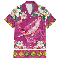 Hawaiian Plumeria and Humpback Whales Family Matching Short Sleeve Bodycon Dress and Hawaiian Shirt Polynerian Art Tattoo-Plum Pink Color