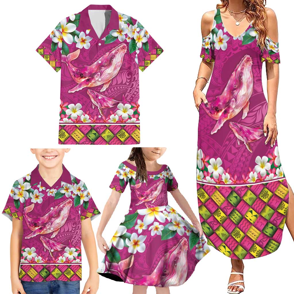 Hawaiian Plumeria and Humpback Whales Family Matching Summer Maxi Dress and Hawaiian Shirt Polynerian Art Tattoo-Plum Pink Color