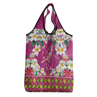 Hawaiian Plumeria and Humpback Whales Grocery Bag Polynerian Art Tattoo-Plum Pink Color