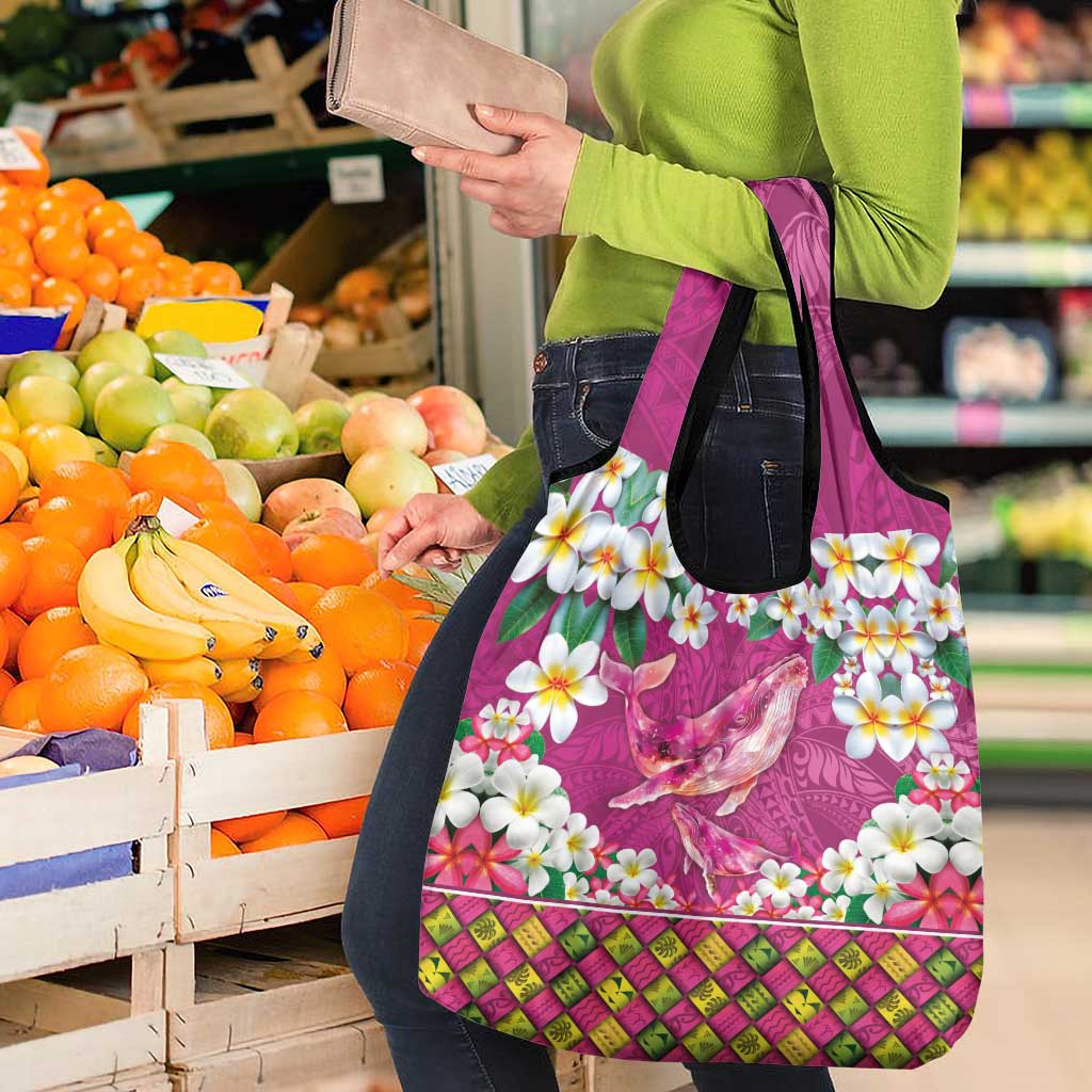 Hawaiian Plumeria and Humpback Whales Grocery Bag Polynerian Art Tattoo-Plum Pink Color