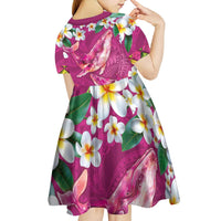 Hawaiian Plumeria and Humpback Whales Kid Short Sleeve Dress Polynerian Art Tattoo-Plum Pink Color