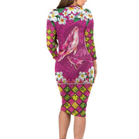 Hawaiian Plumeria and Humpback Whales Long Sleeve Bodycon Dress Polynerian Art Tattoo-Plum Pink Color
