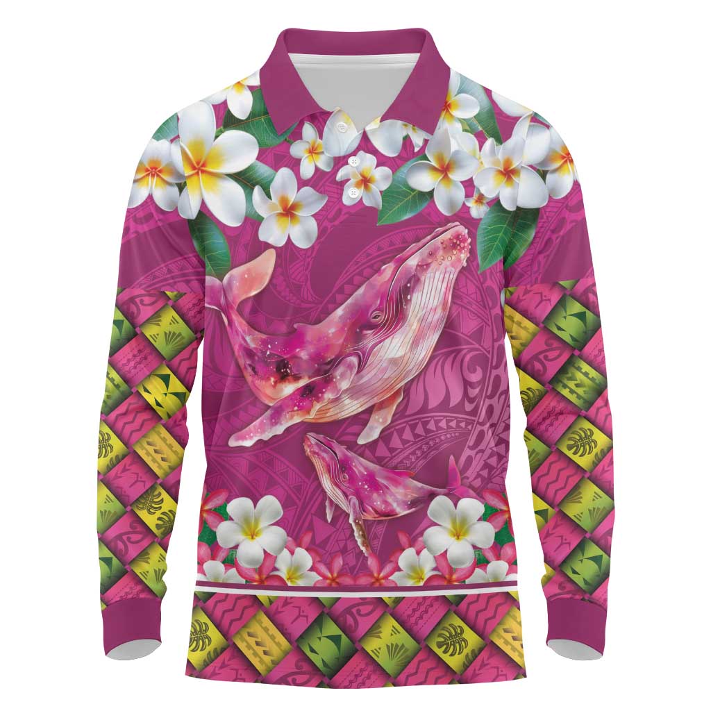 Hawaiian Plumeria and Humpback Whales Long Sleeve Polo Shirt Polynerian Art Tattoo-Plum Pink Color