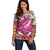 Hawaiian Plumeria and Humpback Whales Off Shoulder Sweater Polynerian Art Tattoo-Plum Pink Color