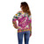 Hawaiian Plumeria and Humpback Whales Off Shoulder Sweater Polynerian Art Tattoo-Plum Pink Color