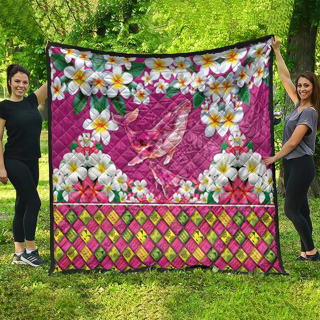 Hawaiian Plumeria and Humpback Whales Quilt Polynerian Art Tattoo-Plum Pink Color