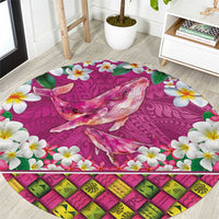 Hawaiian Plumeria and Humpback Whales Round Carpet Polynerian Art Tattoo-Plum Pink Color