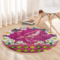 Hawaiian Plumeria and Humpback Whales Round Carpet Polynerian Art Tattoo-Plum Pink Color