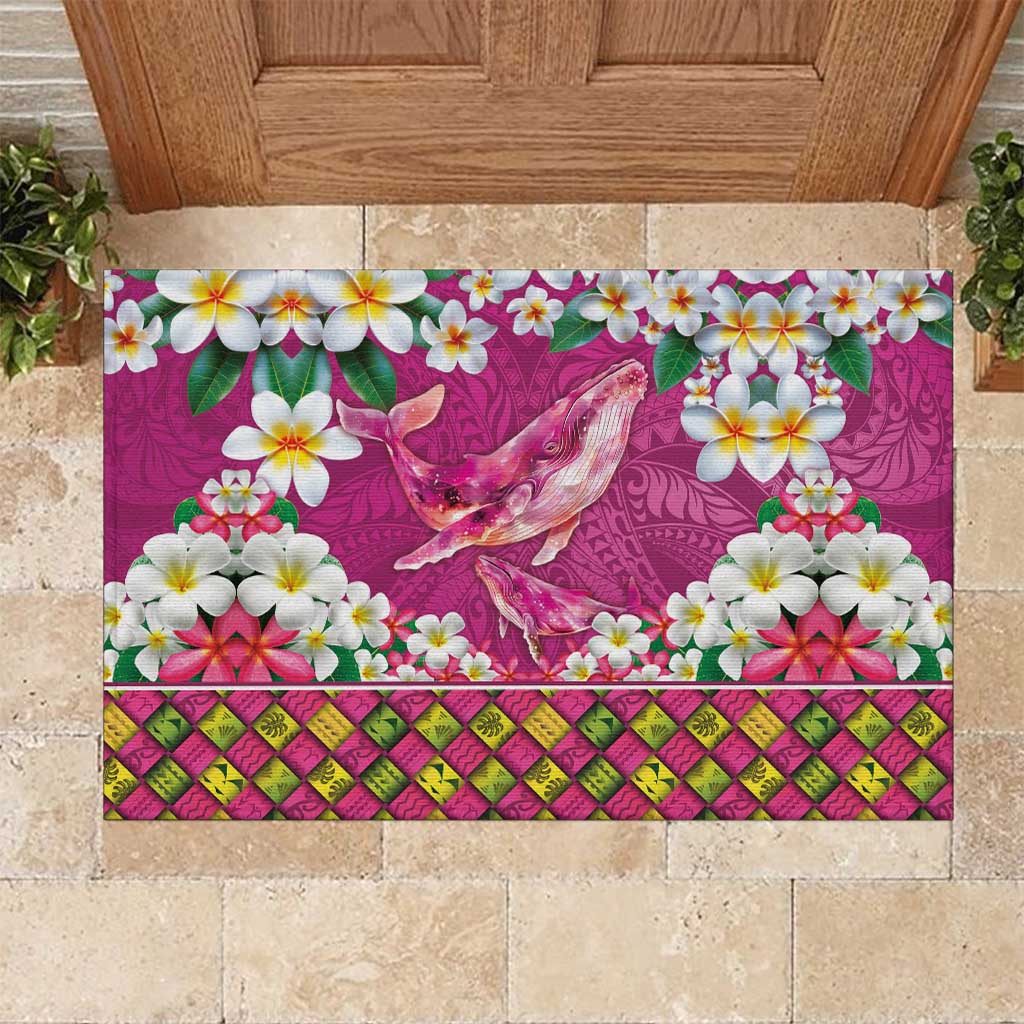Hawaiian Plumeria and Humpback Whales Rubber Doormat Polynerian Art Tattoo-Plum Pink Color LT03 Pink - Polynesian Pride
