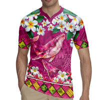 Hawaiian Plumeria and Humpback Whales Rugby Jersey Polynerian Art Tattoo-Plum Pink Color