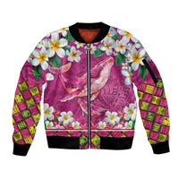 Hawaiian Plumeria and Humpback Whales Sleeve Zip Bomber Jacket Polynerian Art Tattoo-Plum Pink Color