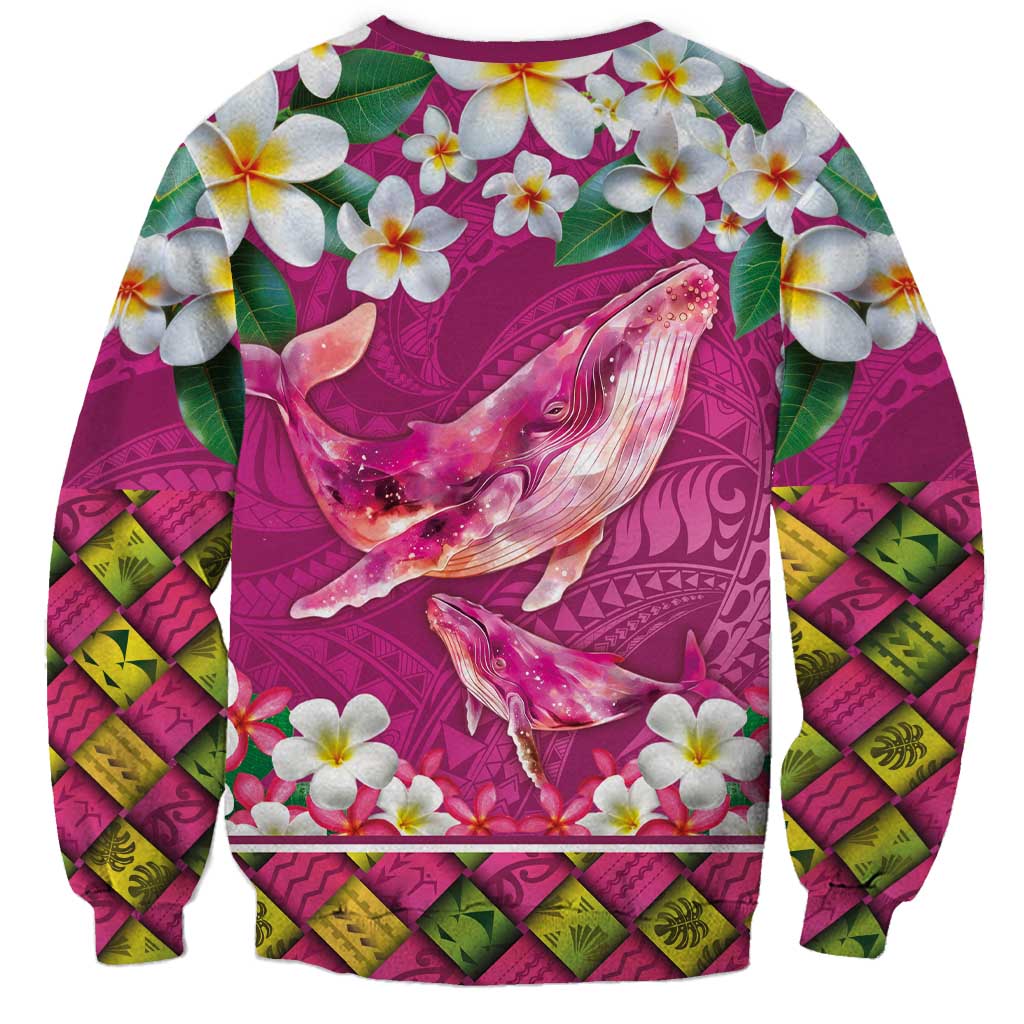 Hawaiian Plumeria and Humpback Whales Sweatshirt Polynerian Art Tattoo-Plum Pink Color