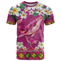 Hawaiian Plumeria and Humpback Whales T Shirt Polynerian Art Tattoo-Plum Pink Color