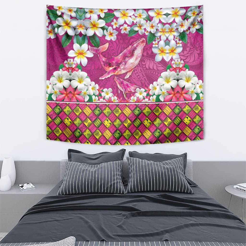 Hawaiian Plumeria and Humpback Whales Tapestry Polynerian Art Tattoo-Plum Pink Color