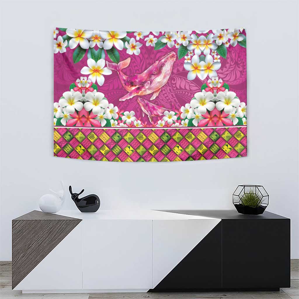 Hawaiian Plumeria and Humpback Whales Tapestry Polynerian Art Tattoo-Plum Pink Color