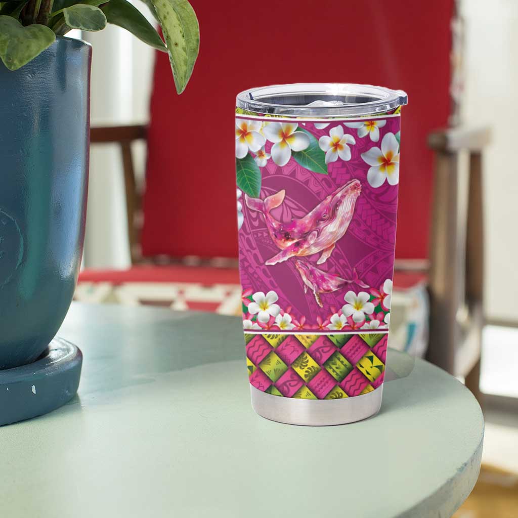 Hawaiian Plumeria and Humpback Whales Tumbler Cup Polynerian Art Tattoo-Plum Pink Color