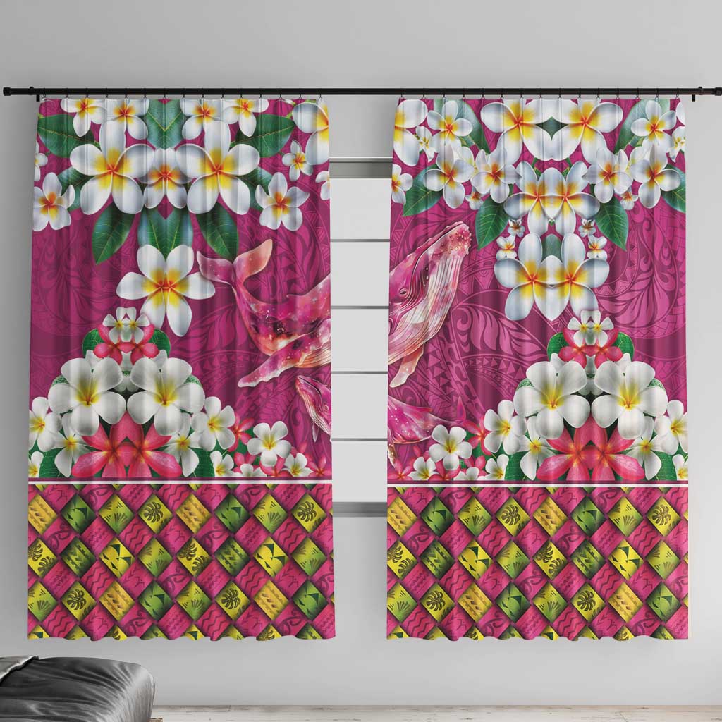 Hawaiian Plumeria and Humpback Whales Window Curtain Polynerian Art Tattoo-Plum Pink Color LT03 With Hooks Pink - Polynesian Pride