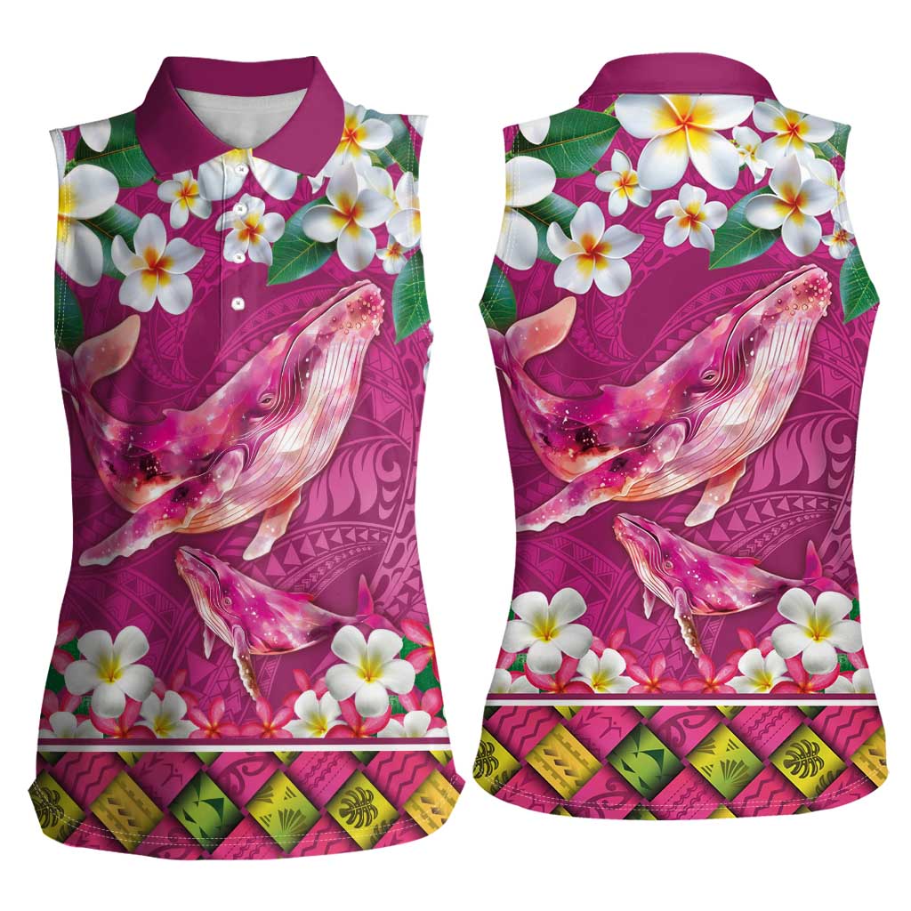 Hawaiian Plumeria and Humpback Whales Women Sleeveless Polo Shirt Polynerian Art Tattoo-Plum Pink Color