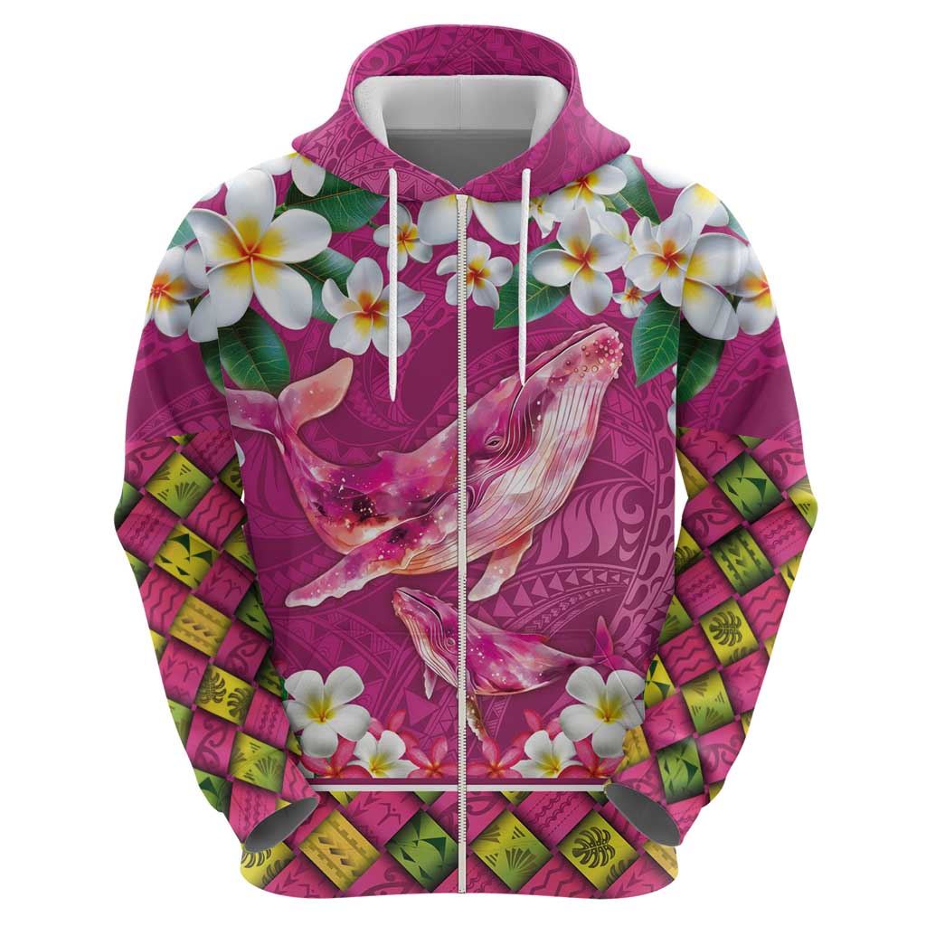 Hawaiian Plumeria and Humpback Whales Zip Hoodie Polynerian Art Tattoo-Plum Pink Color