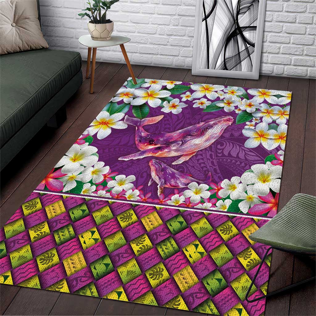 Hawaiian Plumeria and Humpback Whales Area Rug Polynerian Art Tattoo-Mauve Color