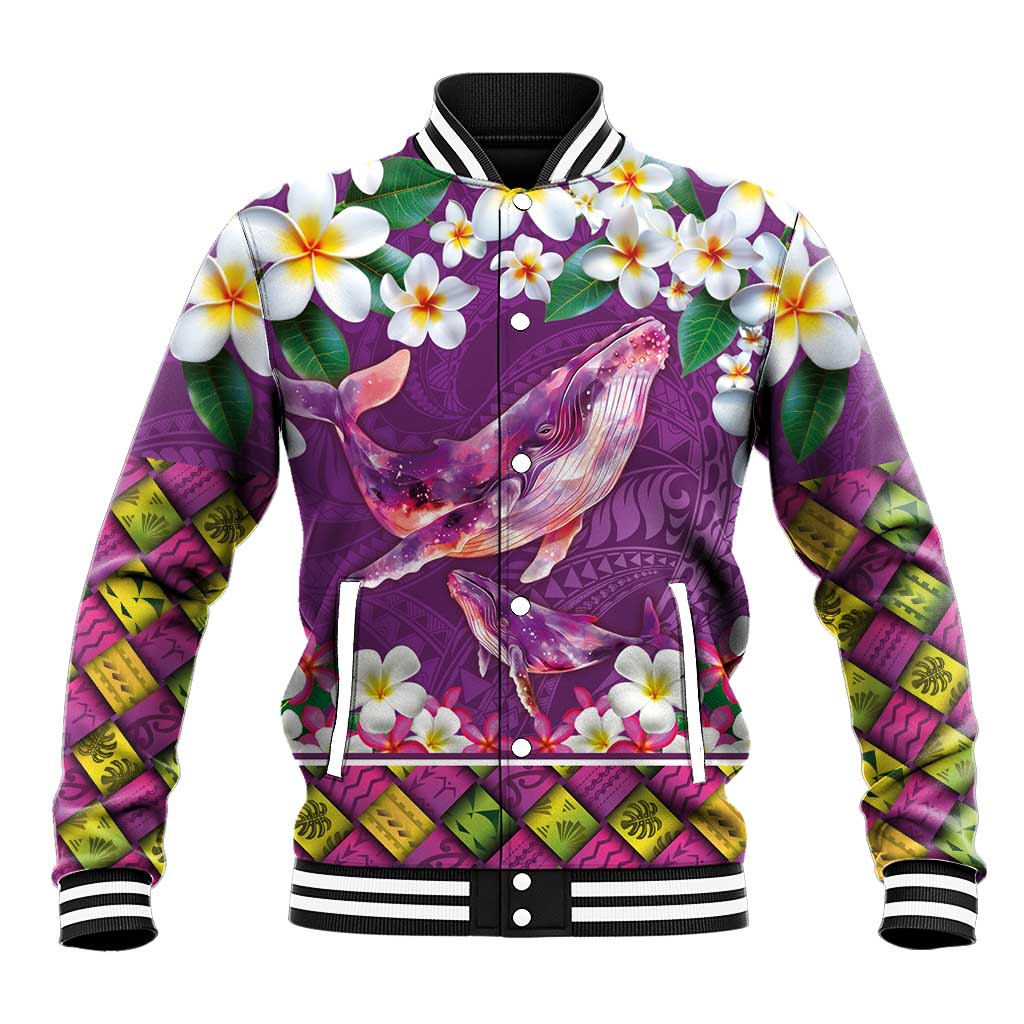 Hawaiian Plumeria and Humpback Whales Baseball Jacket Polynerian Art Tattoo-Mauve Color LT03 Unisex Purple - Polynesian Pride