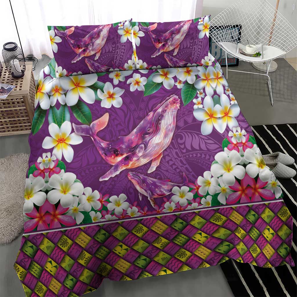 Hawaiian Plumeria and Humpback Whales Bedding Set Polynerian Art Tattoo-Mauve Color