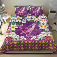 Hawaiian Plumeria and Humpback Whales Bedding Set Polynerian Art Tattoo-Mauve Color