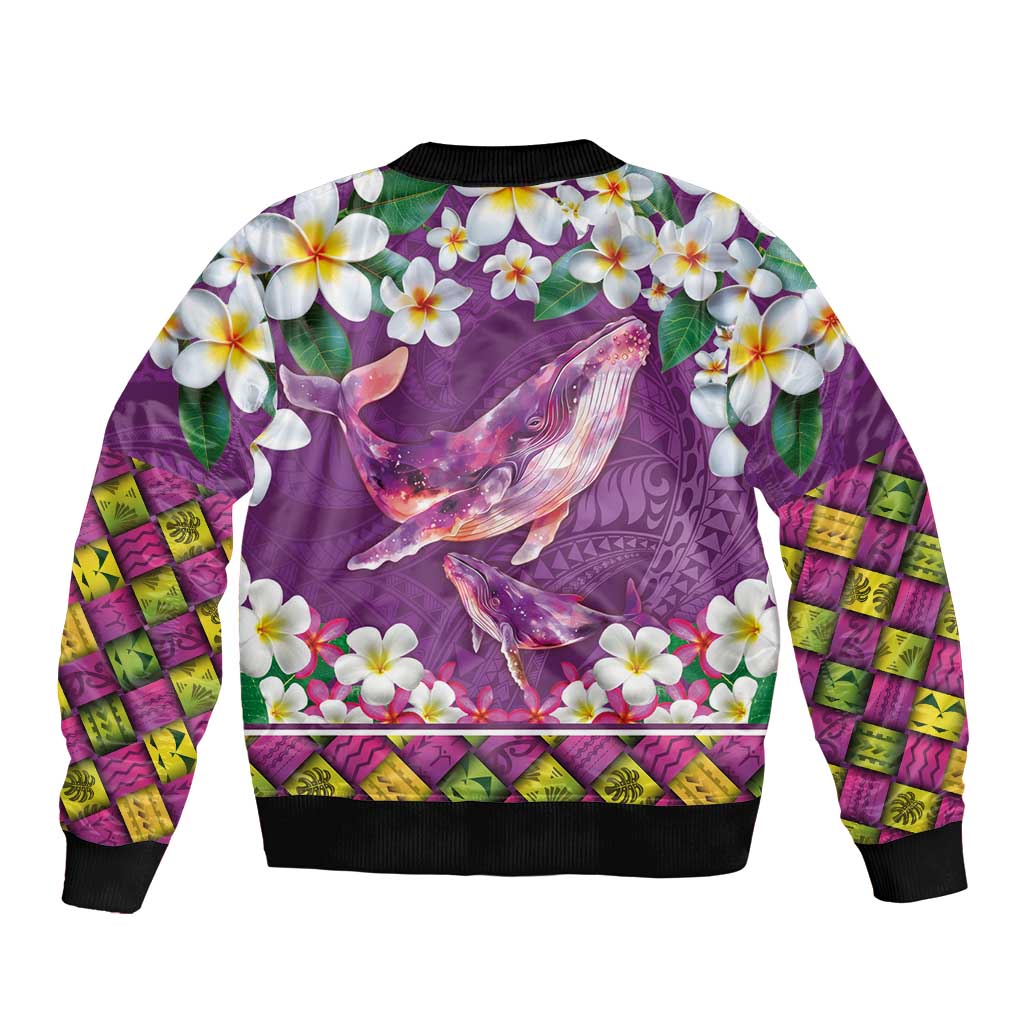 Hawaiian Plumeria and Humpback Whales Bomber Jacket Polynerian Art Tattoo-Mauve Color