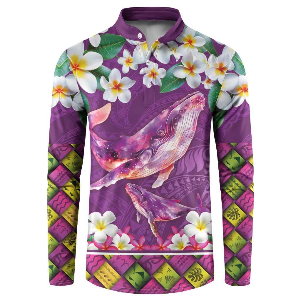 Hawaiian Plumeria and Humpback Whales Button Sweatshirt Polynerian Art Tattoo-Mauve Color LT03 Purple - Polynesian Pride
