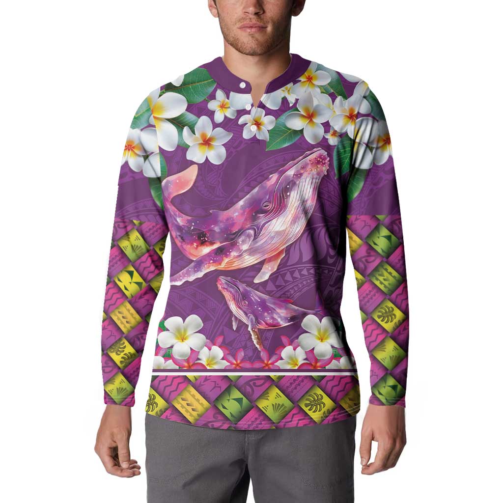 Hawaiian Plumeria and Humpback Whales Button Sweatshirt Polynerian Art Tattoo-Mauve Color LT03 - Polynesian Pride